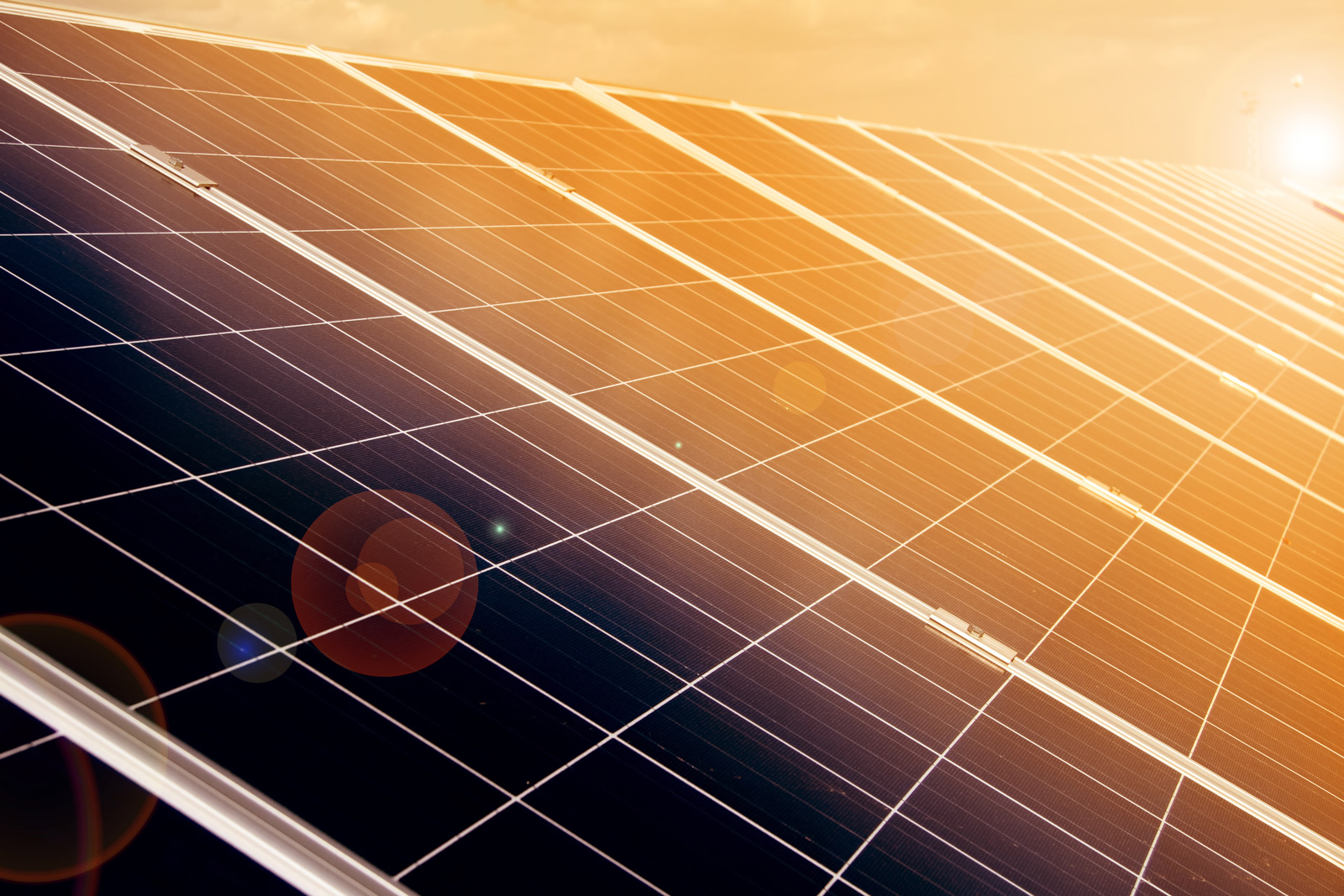 Close-up solar panel cells in golden sunlight